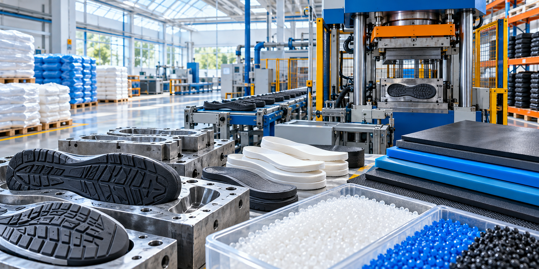 Footwear polymer applications and molded components in a daytime production facility