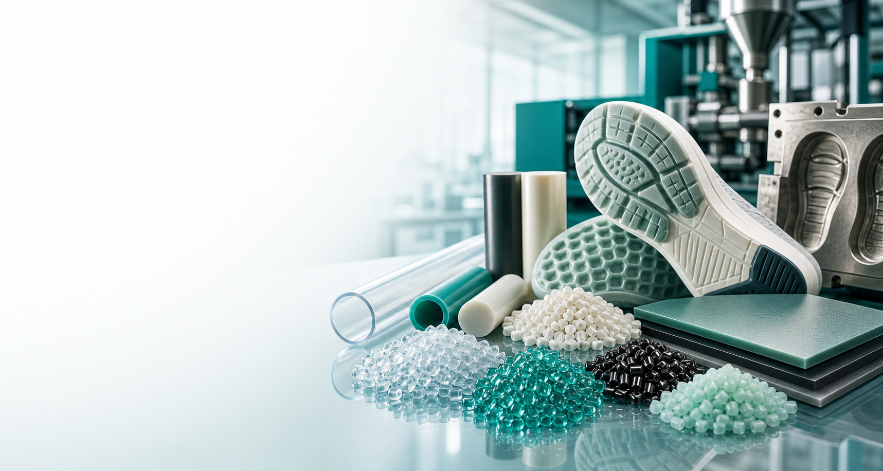 Polymer pellets, industrial tubing, and footwear material samples in a modern manufacturing lab