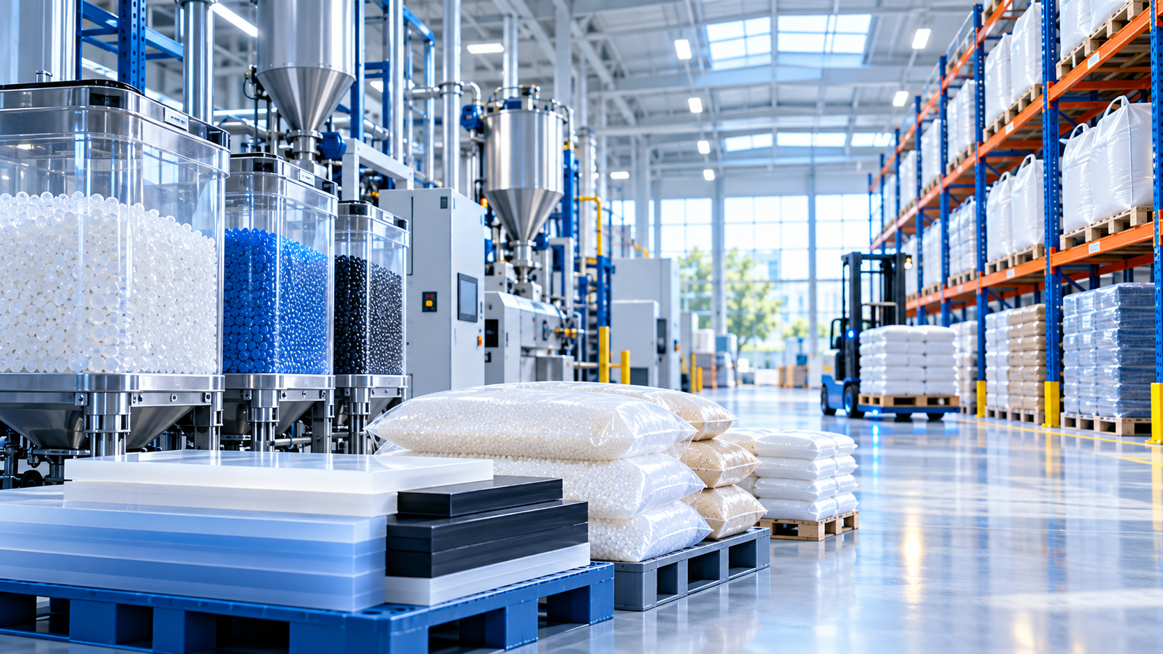 High-performance polymer pellets and engineered plastic samples in a bright industrial facility